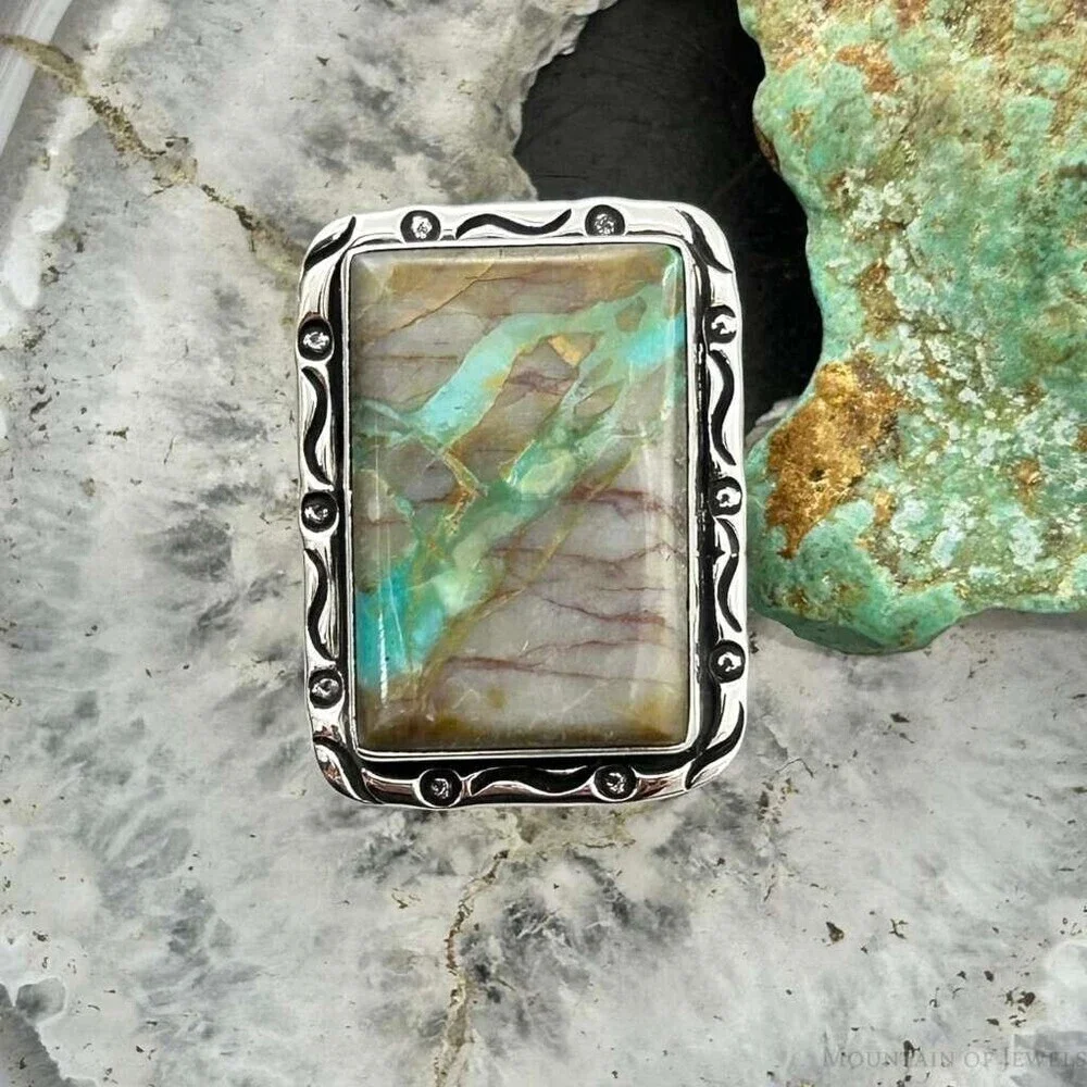 Native American Sterling Rectangle Boulder Ribbon Turquoise Bar Ring Size 7.25